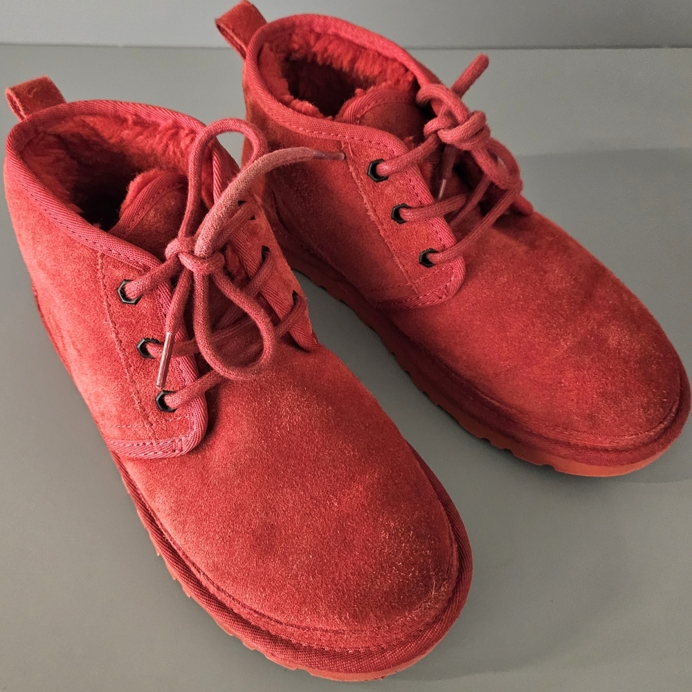 UGG Women's Red Neumel Chukka Boot US 6 EU 37 Leather Suede Shearling Lace Up - Picture 2 of 13